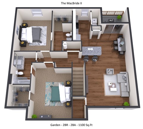 Floor plan for 2 beds, 2 baths, 1100 sqft